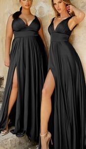 V neckline,  like satin long dress with leg slit, black,blue,pink, green,red,